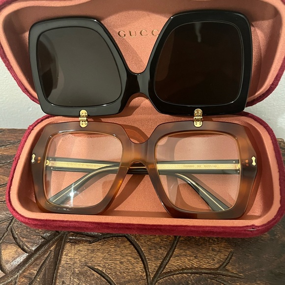 Gucci Accessories - Gucci Tortoise Clear Square Frames with Black Flip-Up Sunglasses